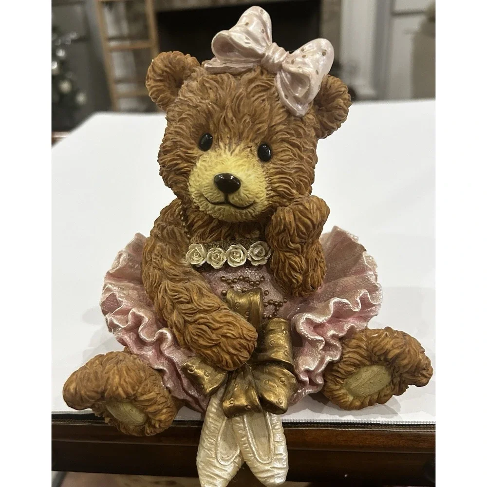 Vintage Teddy Bear Ballerina Resin Figurine W/ Hook Nursery Shelf Decor Dancer